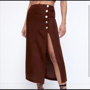 Zara Linen Midi Skirt with Slit